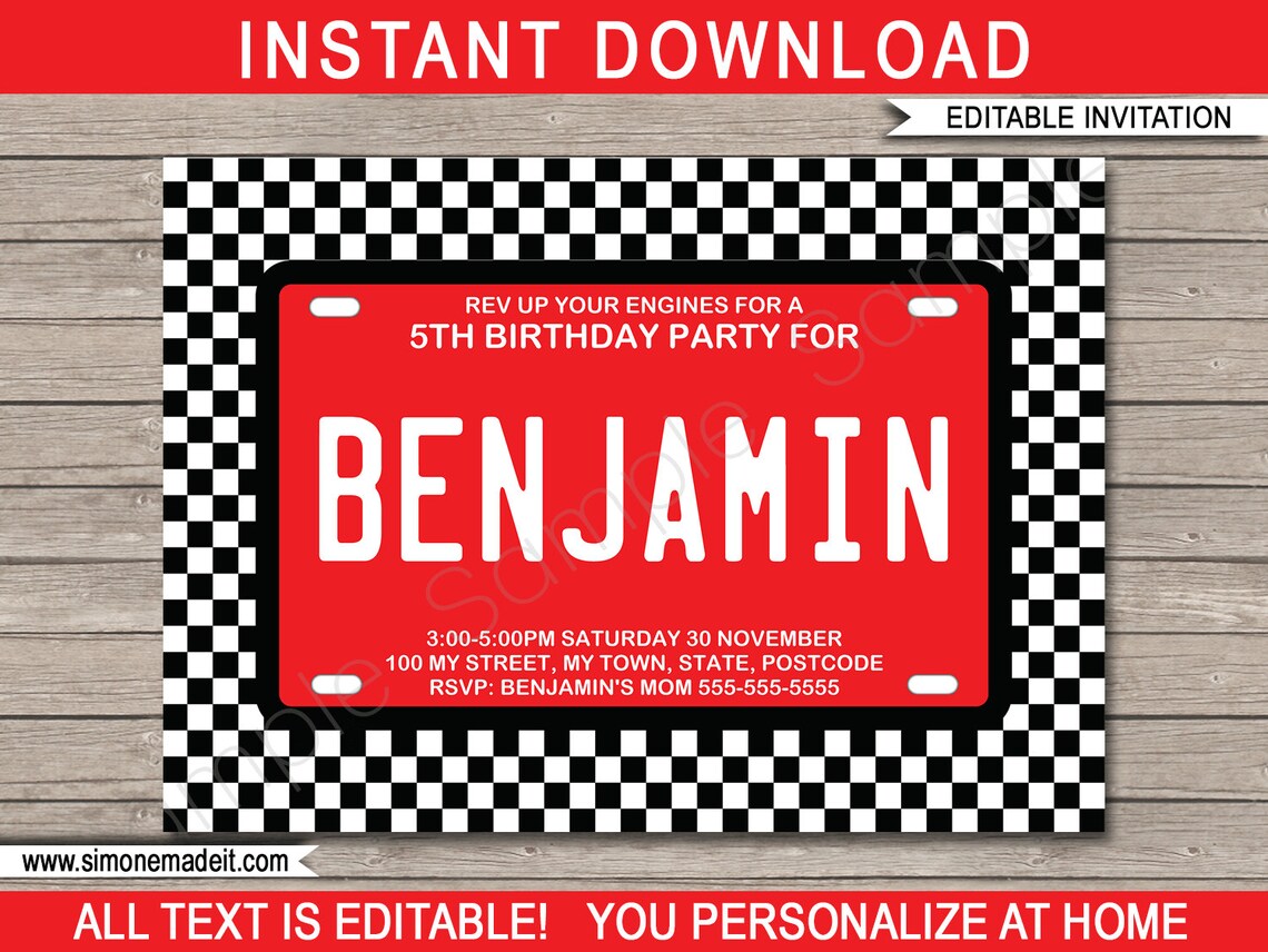 Race Car Invitation Template Printable License Plate - Etsy