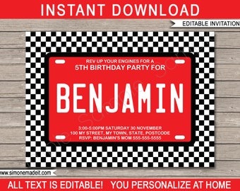 Race Car Birthday Invitation: License Plate Design (Editable Text, Instant Download)