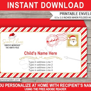 Plantilla de sobre de Papá Noel - Carta navideña de Papá Noel Polo Norte imprimible - DESCARGA INSTANTE con nombre y dirección EDITABLES