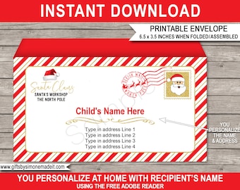 Santa Envelope Template - Christmas Santa Letter North Pole Printable - INSTANT DOWNLOAD with EDITABLE Name & Address