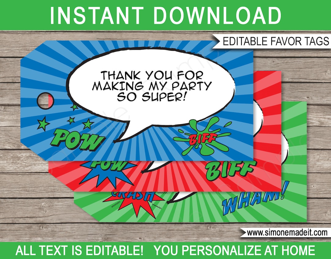 super-hero-favor-tags-template-printable-superhero-theme-birthday-party-thank-you-tags-instant-download-with-editable-text-etsy