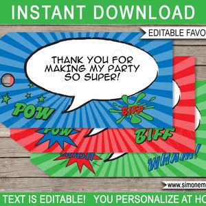 Super Hero Favor Tags Template - Printable Superhero Theme Birthday Party Thank You Tags - INSTANT DOWNLOAD with EDITABLE text
