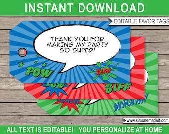 Superhero Favor Tags Template: Editable Birthday Party Thank You (INSTANT DOWNLOAD)