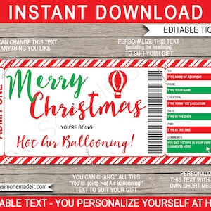 Modelo de bilhete de balão de ar quente - Cupom de vale-presente de Natal para impressão - Experiência - DOWNLOAD INSTANTÂNEO - Texto EDITÁVEL