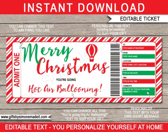 Hot Air Balloon Ticket Template Printable Christmas Gift