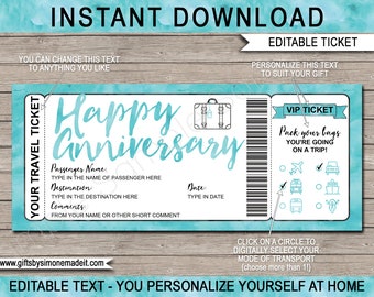 Surprise Anniversary Trip Reveal Gift Idea Travel Ticket Boarding Pass Template, Personalize Holiday Vacation, Plane Car Bus Boat Train Bike