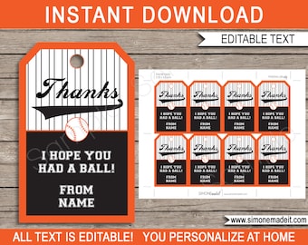 Baseball Favor Tags Template - Printable Thank You Tags - Orange Black - Birthday Party Favors - EDITABLE Text DOWNLOAD - you personalize