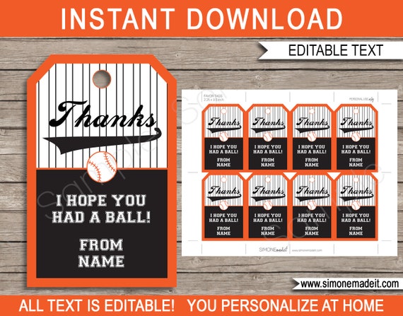 Baseball Favor Tags Template Printable Thank You Tags | Etsy