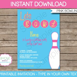 K&ouml;nnte beinhalten: Druckbare Einladung zu einer Bowling-Geburtstagsparty. Die Einladung zeigt eine rosa und gelbe Bowlingkugel und den Text "Let's Bowl" mit rosa und gelben Kreisen. Der Text "Name is having a birthday party in the fast lane!" ist ebenfalls enthalten. Die Einladung enth&auml;lt das Datum, die Uhrzeit und den Ort der Party.