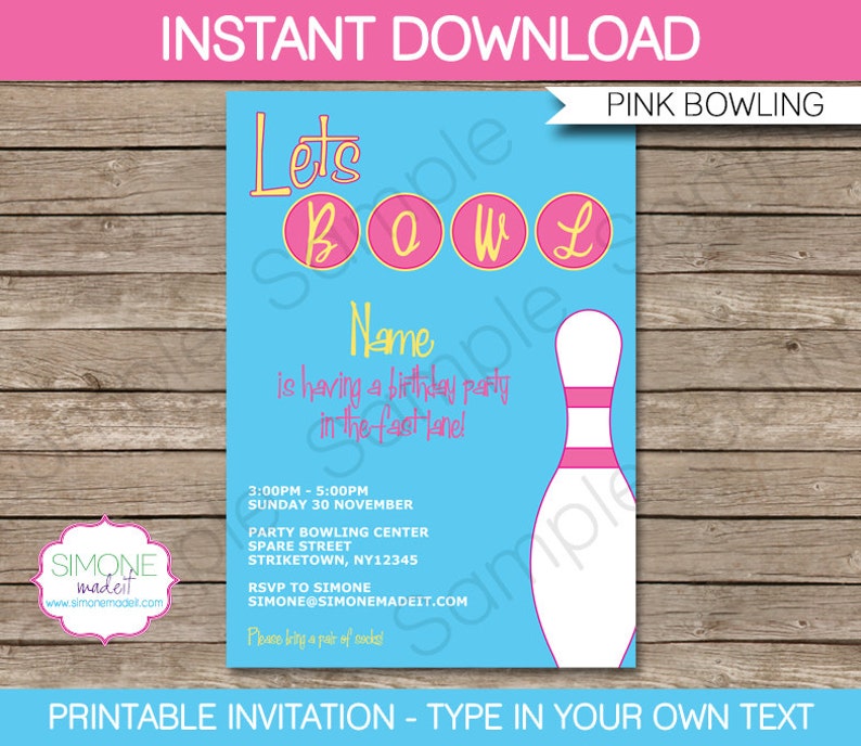 K&ouml;nnte beinhalten: Druckbare Einladung zu einer Bowling-Geburtstagsparty. Die Einladung zeigt eine rosa und gelbe Bowlingkugel und den Text "Let's Bowl" mit rosa und gelben Kreisen. Der Text "Name is having a birthday party in the fast lane!" ist ebenfalls enthalten. Die Einladung enth&auml;lt das Datum, die Uhrzeit und den Ort der Party.