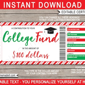 Druckbare Weihnachtsgeschenkbescheinigung für College-Fonds Studiengebühren - 529 College-Sparplan-Beitrag - DOWNLOAD EDITIERBARE Vorlage