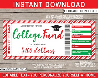 Printable College Fund Christmas Gift Certificate Tuition Voucher - 529 College Savings Plan Contribution - DOWNLOAD EDITABLE template