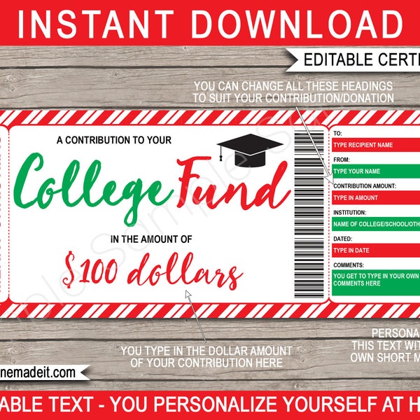 Printable Christmas College Fund Gift Certificate - Editable Tuition Voucher (Digital Download)