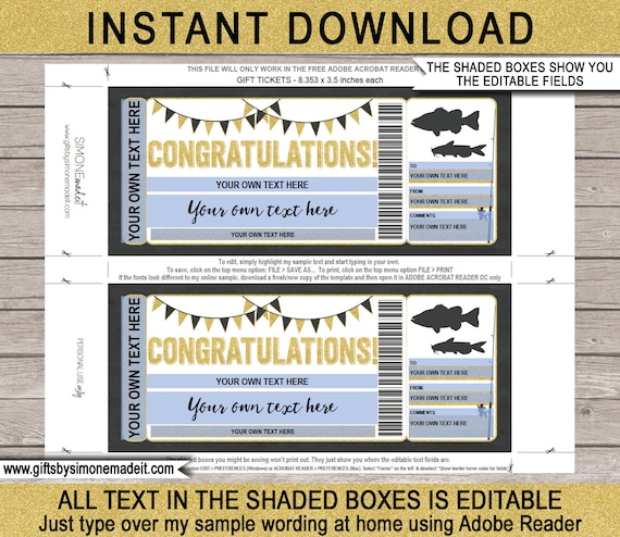 Congratulations Fishing Trip Ticket Template Gift Certificate Voucher Card  - Surprise vacation trip reveal - INSTANT DOWNLOAD text EDITABLE