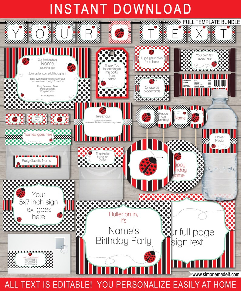 Editable & Printable Ladybug Birthday Party Decorations + Invitation template