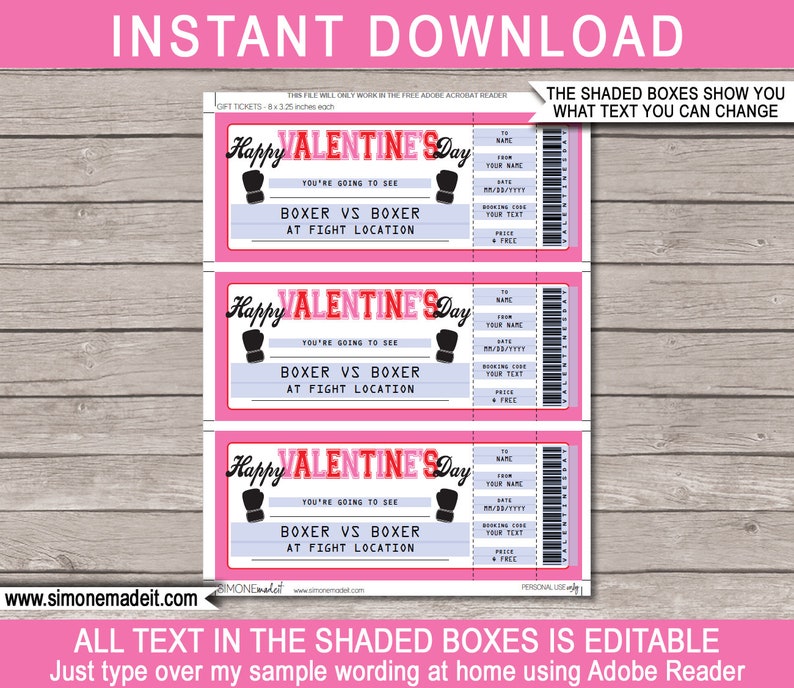 Valentine's Day Printable Boxing Match Ticket Gift Voucher Etsy