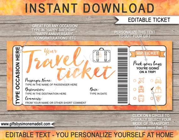Travel Ticket Template Boarding Pass Printable - Surprise Trip Holiday Vacation Reveal Gift Idea, Bus Plane Car Cruise Motorbike Train Il_570xn
