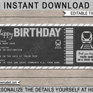Ticket verjaardagsreis trein: instapkaart Surprise Reveal (BEWERKBARE TEKST DOWNLOAD)