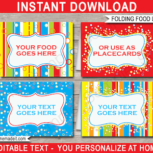 Editable Food Labels: Colorful Party Placecards (Digital Download)