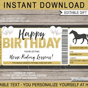 Leçons d'équitation bon cadeau modèle certificat ticket - expérience cadeau d'anniversaire imprimable - équitation - texte MODIFIABLE TÉLÉCHARGEMENT