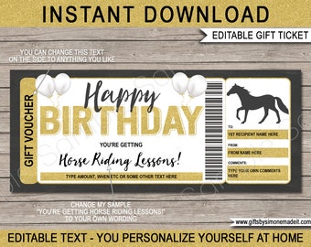 Horse Riding Lessons Gift Voucher Template Certificate Ticket - Printable Birthday Gift Experience - Horseback - EDITABLE text DOWNLOAD