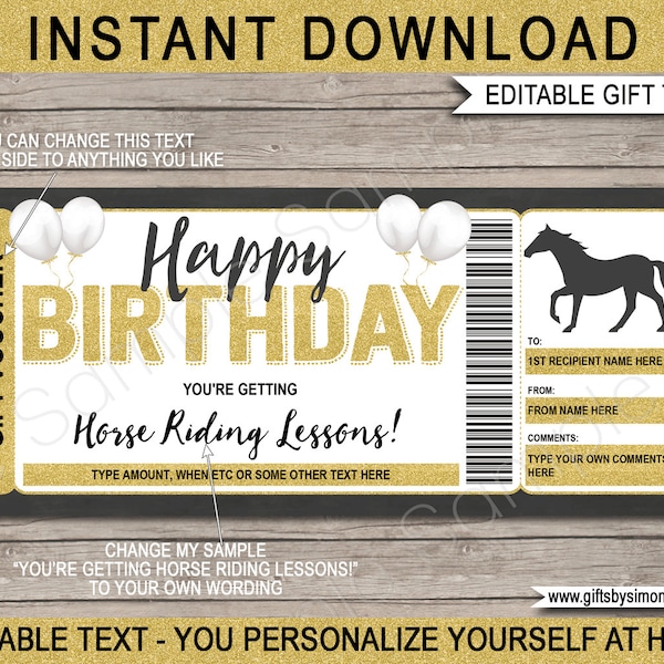 Horse Riding Lessons Gift Voucher Template Certificate Ticket - Printable Birthday Gift Experience - Horseback - EDITABLE text DOWNLOAD