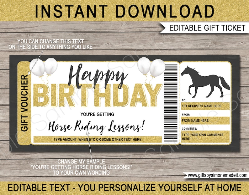 Horse Riding Lessons Gift Voucher Template Certificate Ticket Etsy Canada