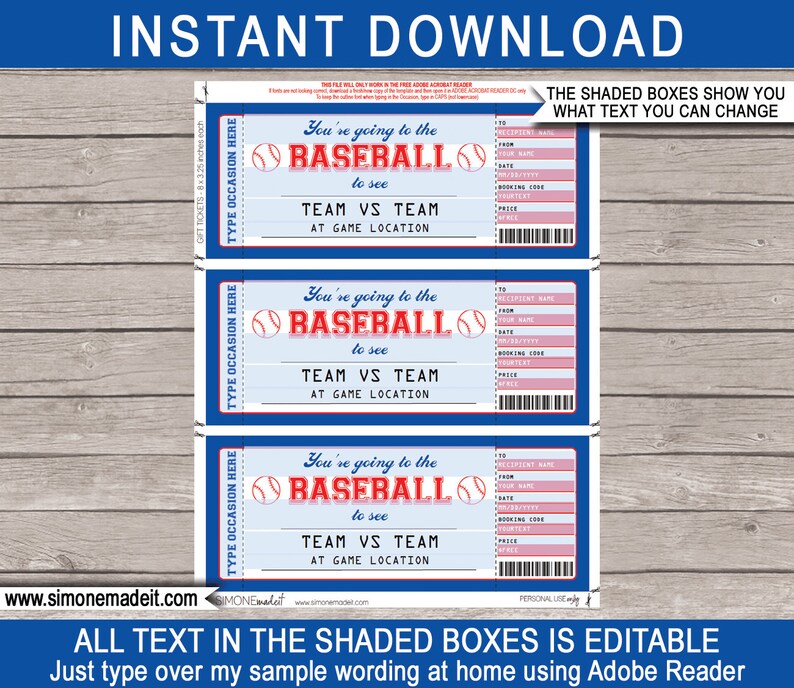Baseball Game Ticket Printable Gift Surprise Ticket to a Etsy