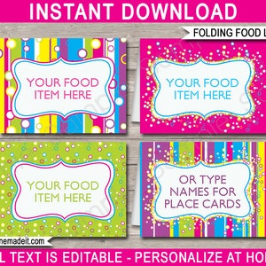 Editable Food Labels Template - Printable Colorful Birthday Party Decorations - INSTANT DOWNLOAD with EDITABLE text - you personalize
