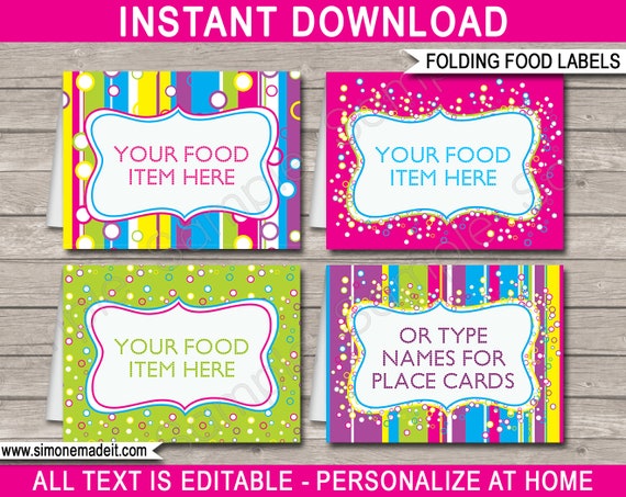 Editable Food Labels Template - Printable Colorful Birthday Party Decorations - INSTANT DOWNLOAD ...