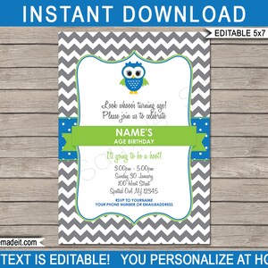 Uil uitnodiging sjabloon - afdrukbare 1e verjaardag partij uitnodigen - baby shower - INSTANT DOWNLOAD met BEWERKBARE tekst - u personaliseert