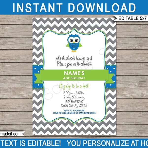 Owl Invitation Template - Printable 1st Birthday Party Invite - Baby Shower - INSTANT DOWNLOAD with EDITABLE text - you personalize