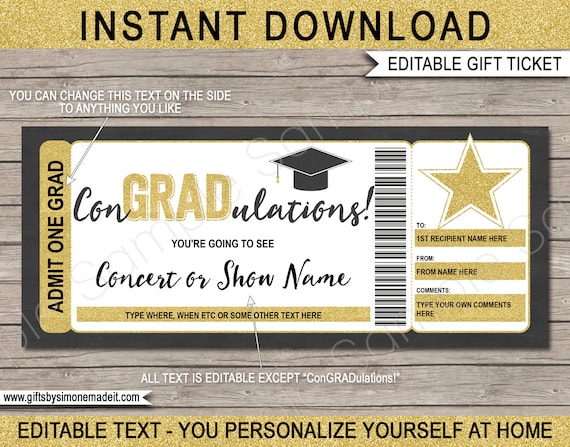 Concert Ticket Template Surprise Graduation Gift Printable - Show Performance Artist Band - Certificate Voucher - editable text DOWNLOAD Il_570xn