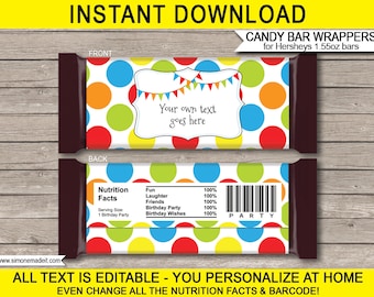 Szablon opakowania na batoniki w kropki: edytowalne upominki urodzinowe (do pobrania cyfrowego)