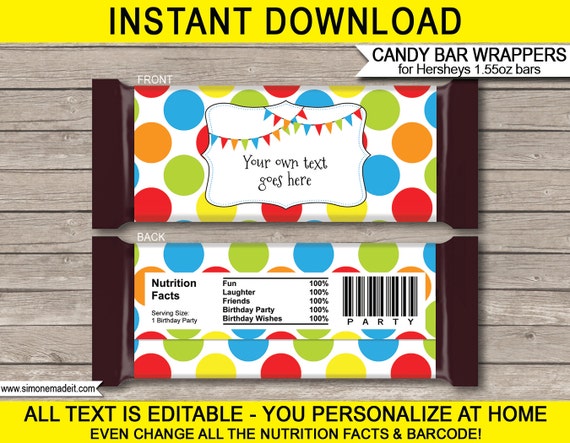 Polkadot Candy Bar Wrappers - Birthday Party Favors - Chocolate Labels - INSTANT DOWNLOAD with EDITABLE text - you personalize at home Il_570xn