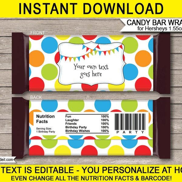 Polkadot Candy Bar Wrappers Template - Printable Birthday Party Favors - Chocolate Labels - EDITABLE TEXT DOWNLOAD - you personalize at home