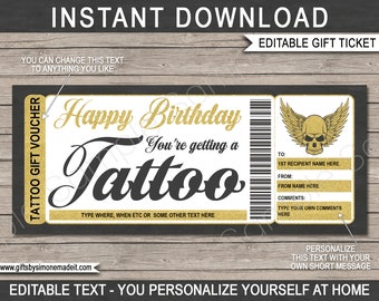 Tattoo Ticket Template Birthday Gift Card Certificate Voucher Printable Card Coupon - Skull Design - Get Inked - EDITABLE TEXT DOWNLOAD