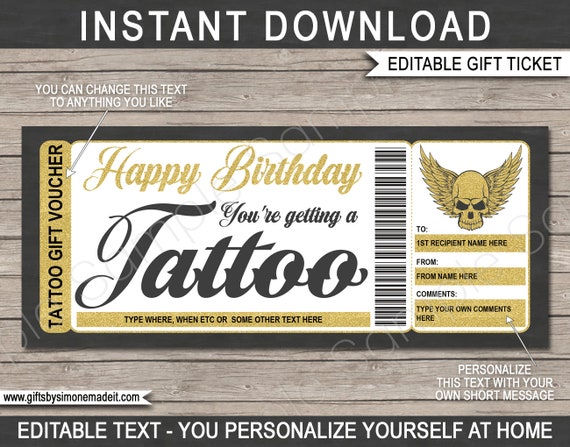 Tattoo Ticket Gift Certificate Personalised Coupon (Instant