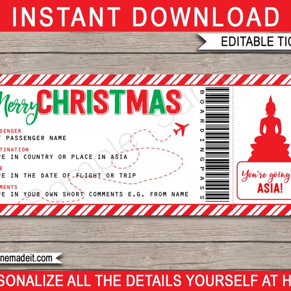 Trip to Asia Plane Ticket Boarding Pass Printable Template - Surprise Thailand Cambodia Laos Vietnam Trip - INSTANT DOWNLOAD - EDITABLE text