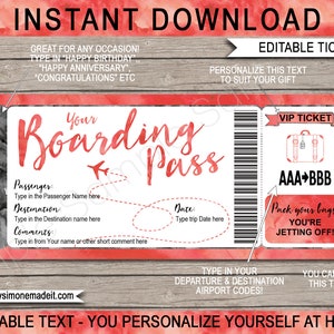 Boarding Pass Plane Ticket Gift Printable Template - Surprise Airline Airplane Flight Destination Vacation Trip Reveal - INSTANT DOWNLOAD