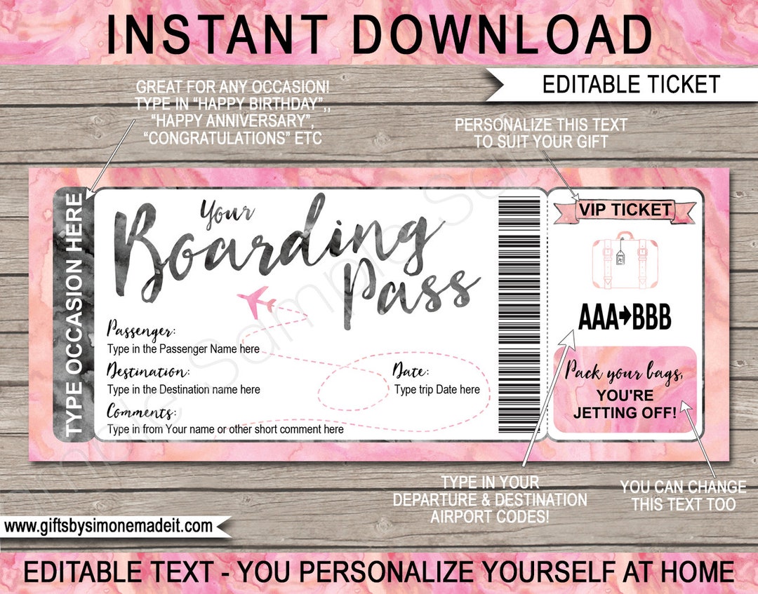 Boarding Pass Plane Ticket Gift Template Printable Surprise Airline Boarding Pass Plane Ticket Gift Template Printable Surprise Airline