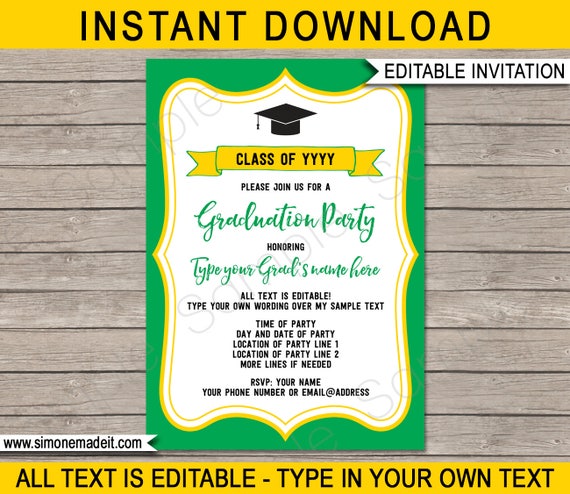 Graduation Party Invitations - green & gold / yellow - Printable Template - Any Year - Grad Invite - INSTANT DOWNLOAD with EDITABLE text Il_570xn