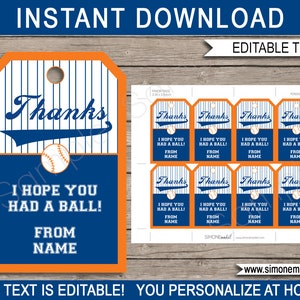 Baseball Favor Tags: Editable Navy & Orange Thank You (Digital Download)