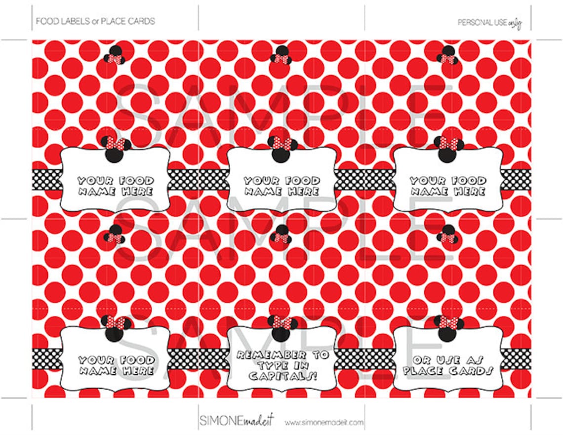 Red Minnie Mouse Food Labels Template Printable Theme - Etsy