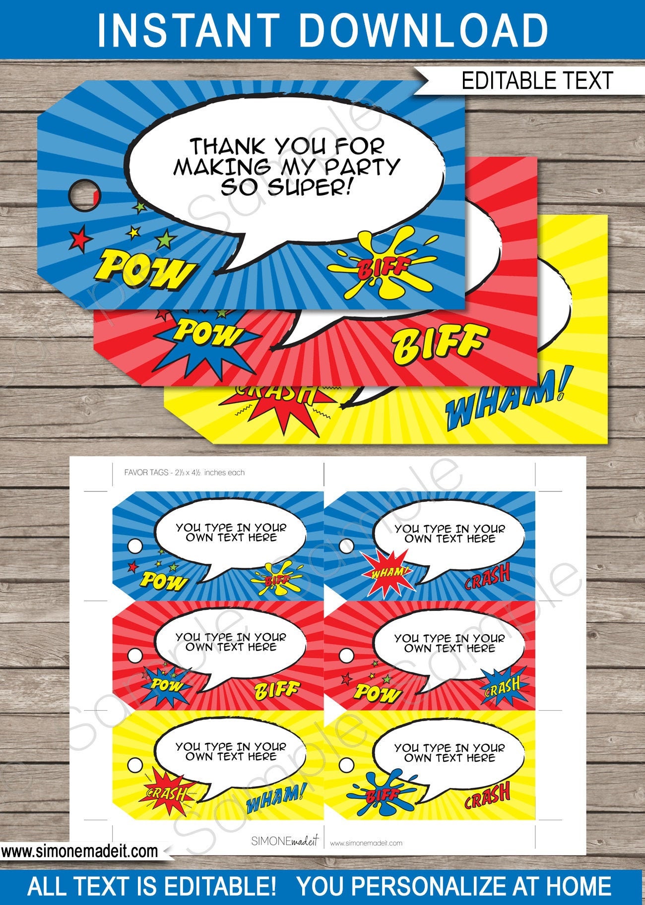 Superhero Birthday Party Favor s Printable Thank You s Etsy