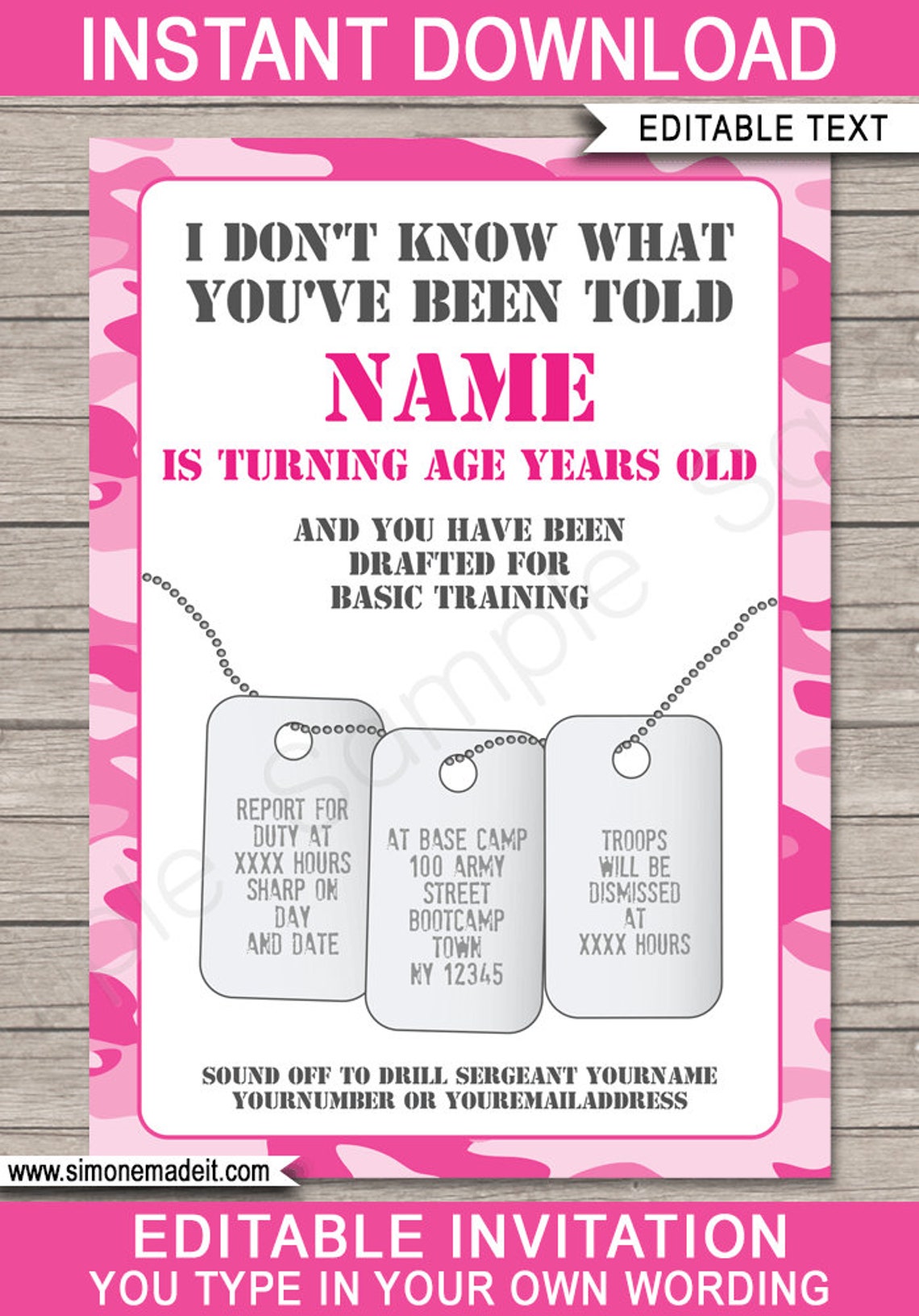 Pink Camo Party Printable Decoration Invitation Template - Etsy