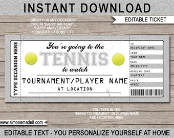 Tennis Gift Ticket Printable Template - Any Occasion - Surprise Tickets to a Tennis Match Tournament Player - Voucher Certificate - EDITABLE