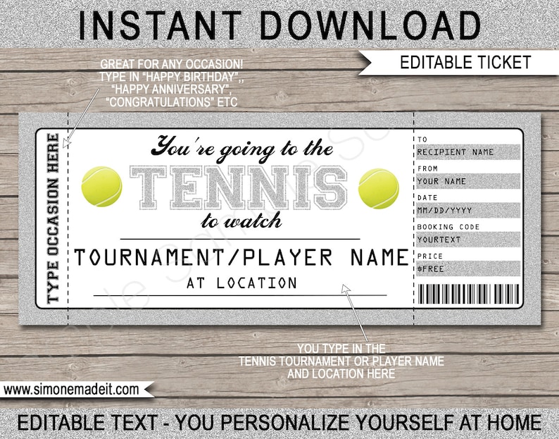 Tennis Gift Ticket Printable Template Any Occasion Etsy
