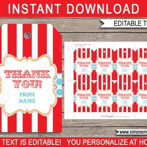 Red & Aqua Circus Favor Tag Templates - Printable Birthday Party Favors - Thank You Tags - Carnival Theme - INSTANT DOWNLOAD - EDITABLE Text