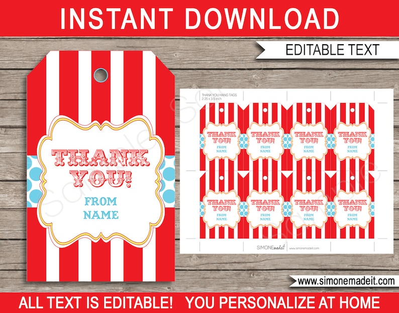 Red & Aqua Circus Favor Tag Templates - Printable Birthday Party Favors - Thank You Tags - Carnival Theme - INSTANT DOWNLOAD - EDITABLE Text